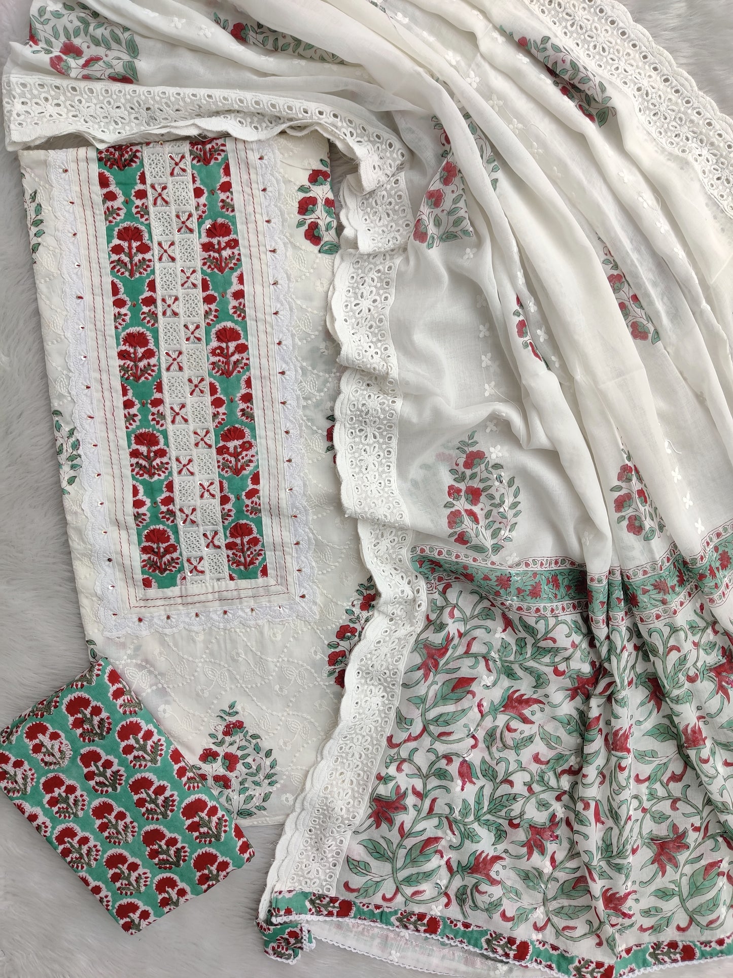 Exclusive Unstitched Cotton Suit with Mulmul Embroidery Dupatta