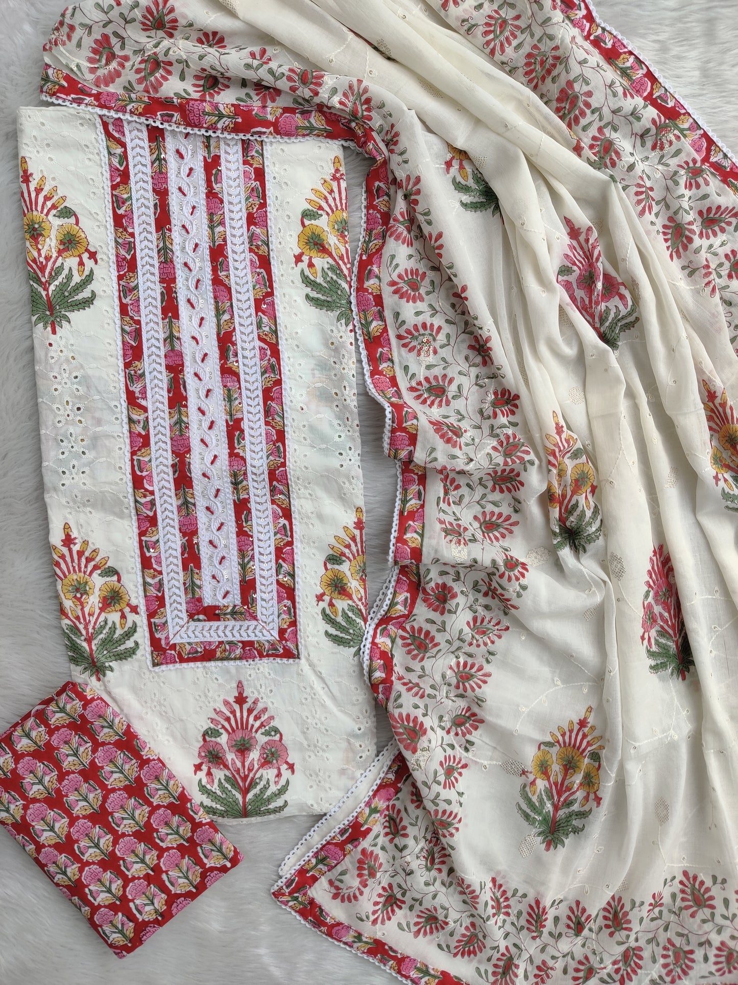 Exclusive Unstitched Cotton Suit with Mulmul Embroidery Dupatta