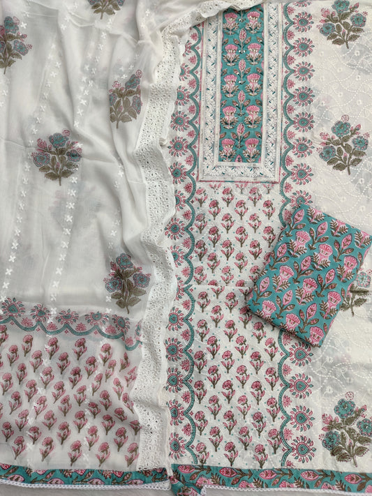 Exclusive Unstitched Cotton Suit with Mulmul Embroidery Dupatta