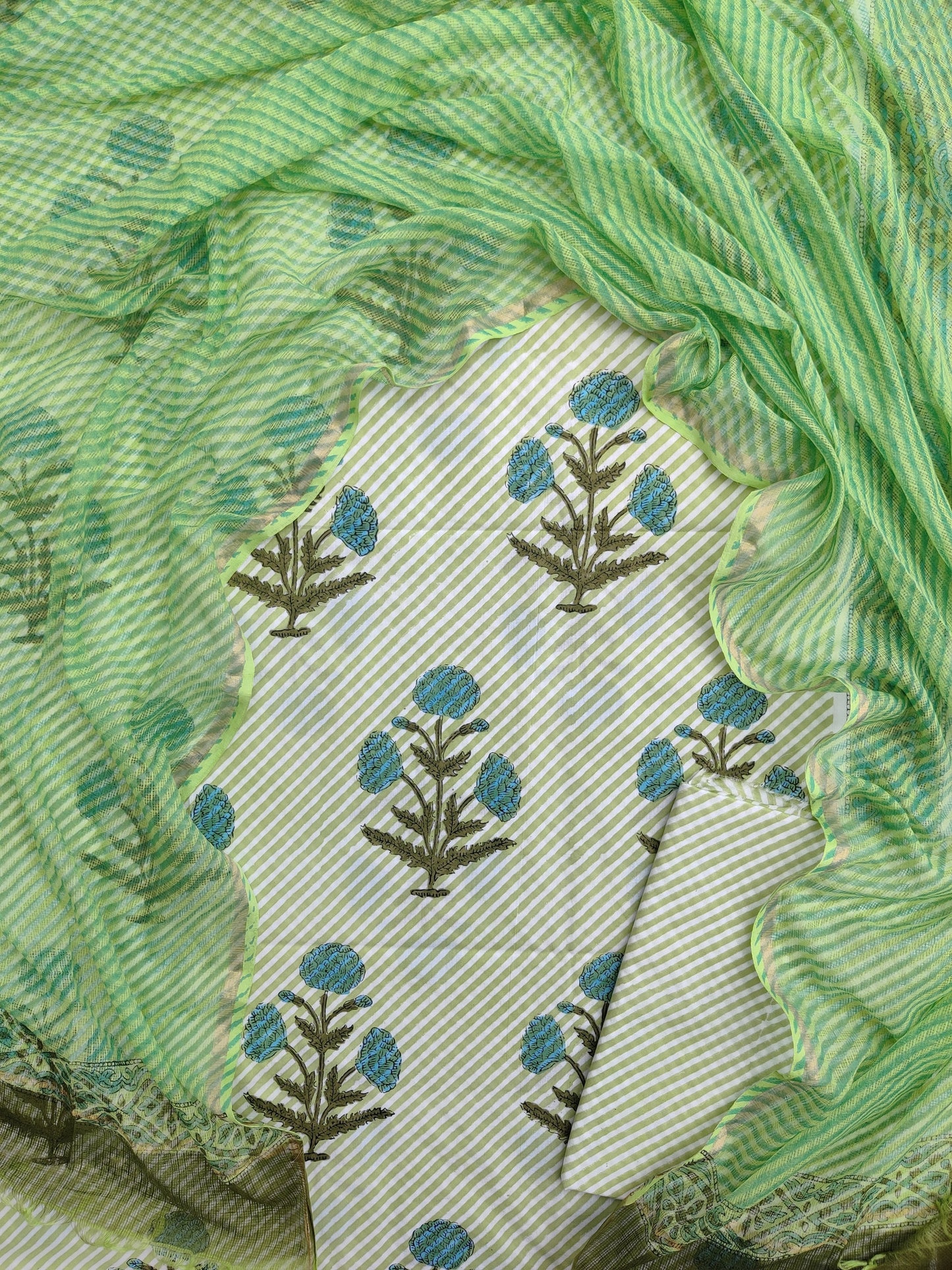 BLOCK PRINTED COTTON SUIT WITH LEHRIYA KOTA DORIA DUPATTA