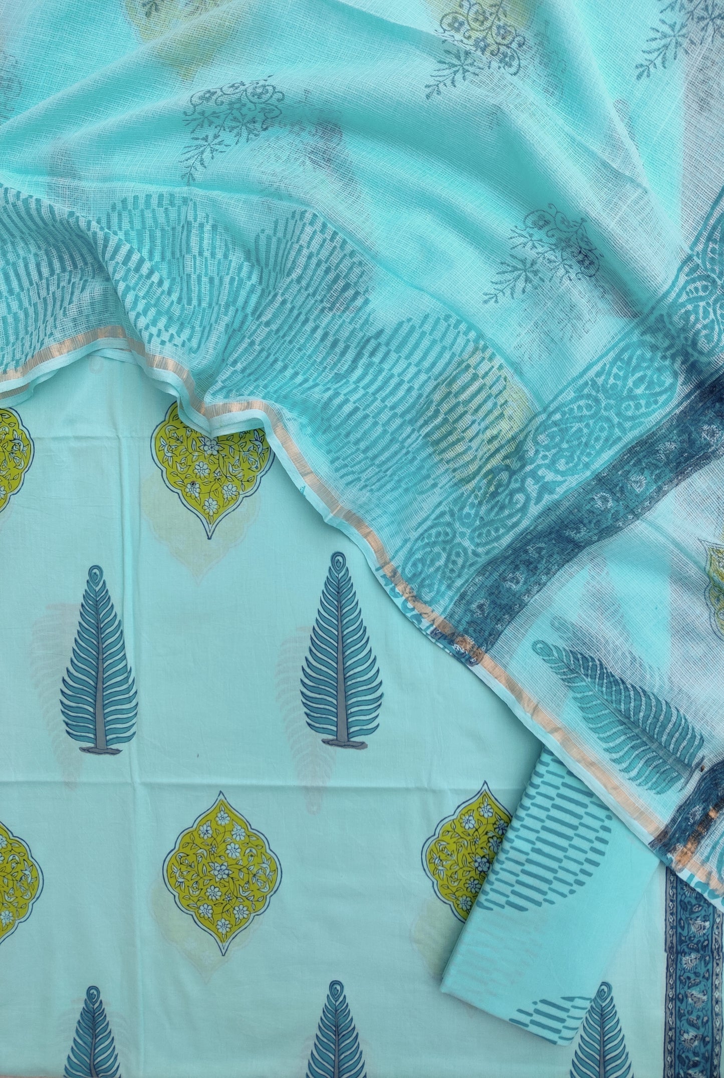 Hand Block Printed Cotton Suit with Cotton Kota Doria dupatta