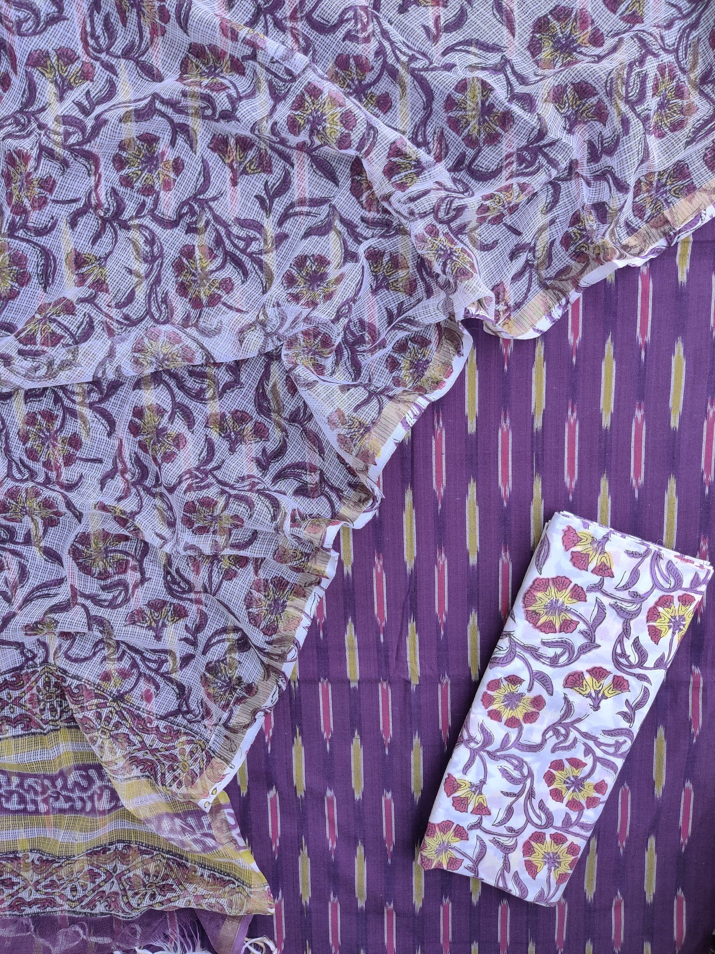 Handloom Weave Ikat Suit with Kota Doria Dupatta