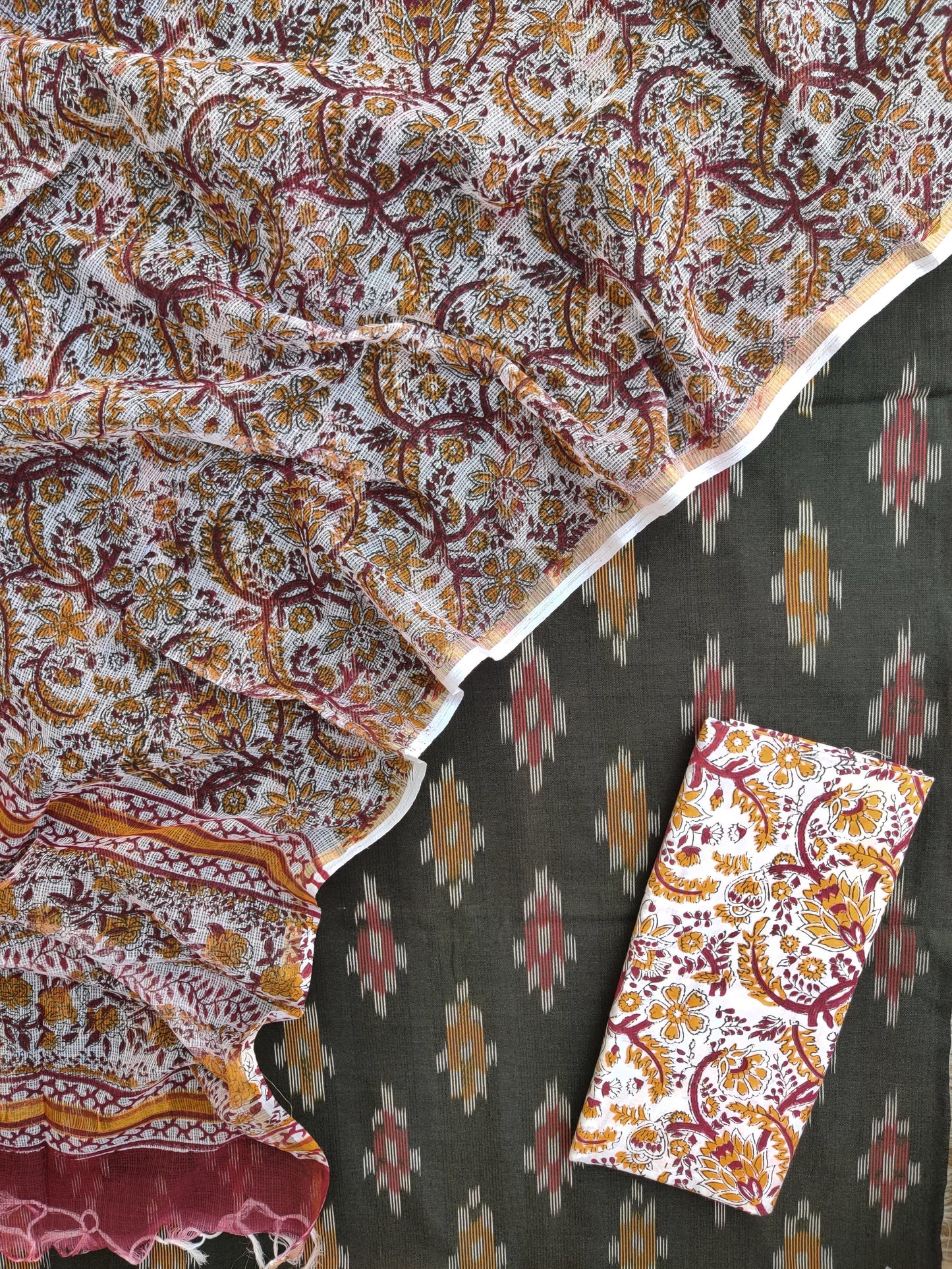 Handloom Weave Ikat Suit with Kota Doria Dupatta