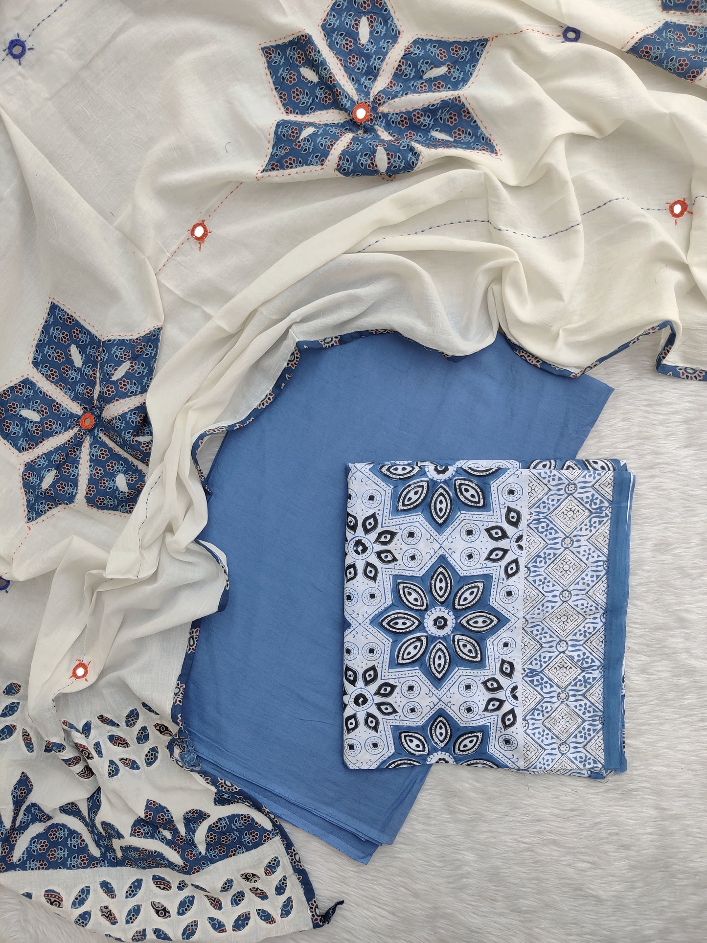 AJRAKH Hand Block Printed Cotton Suit with Applique Cotton Dupatta