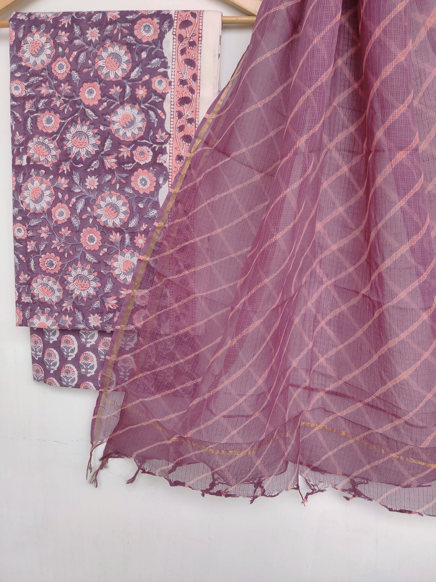 BLOCK PRINTED COTTON SUIT WITH LEHRIYA KOTA DORIA DUPATTA