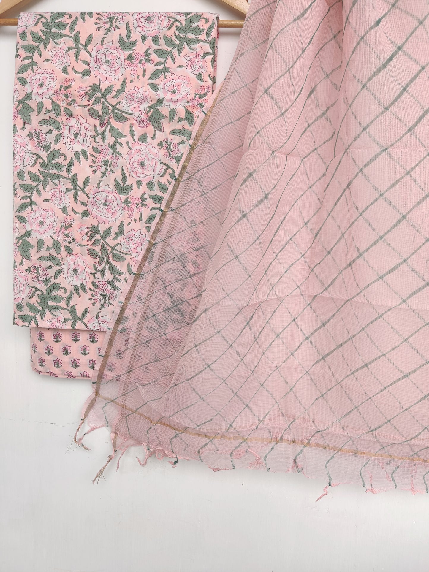 BLOCK PRINTED COTTON SUIT WITH LEHRIYA KOTA DORIA DUPATTA
