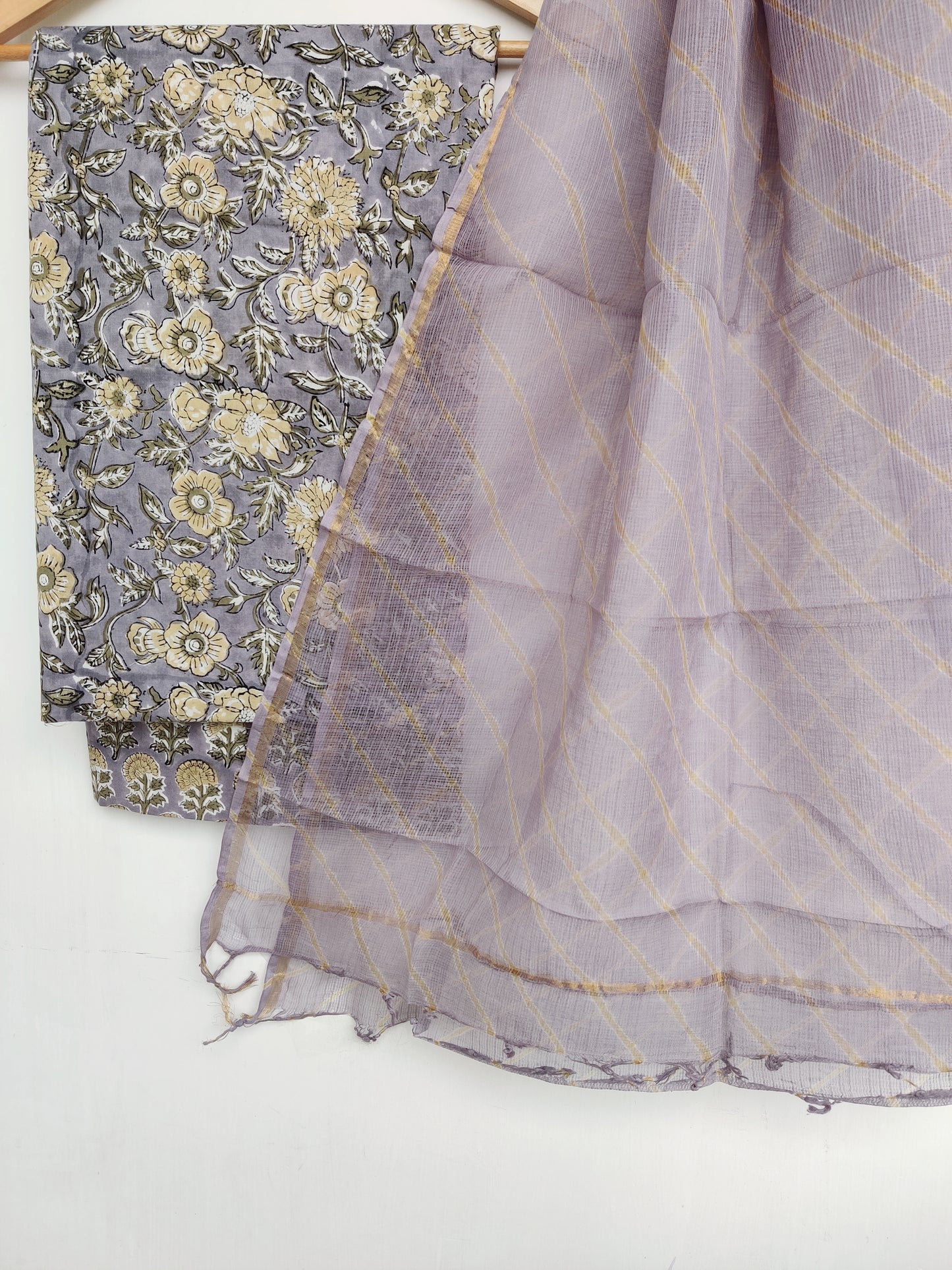 BLOCK PRINTED COTTON SUIT WITH LEHRIYA KOTA DORIA DUPATTA