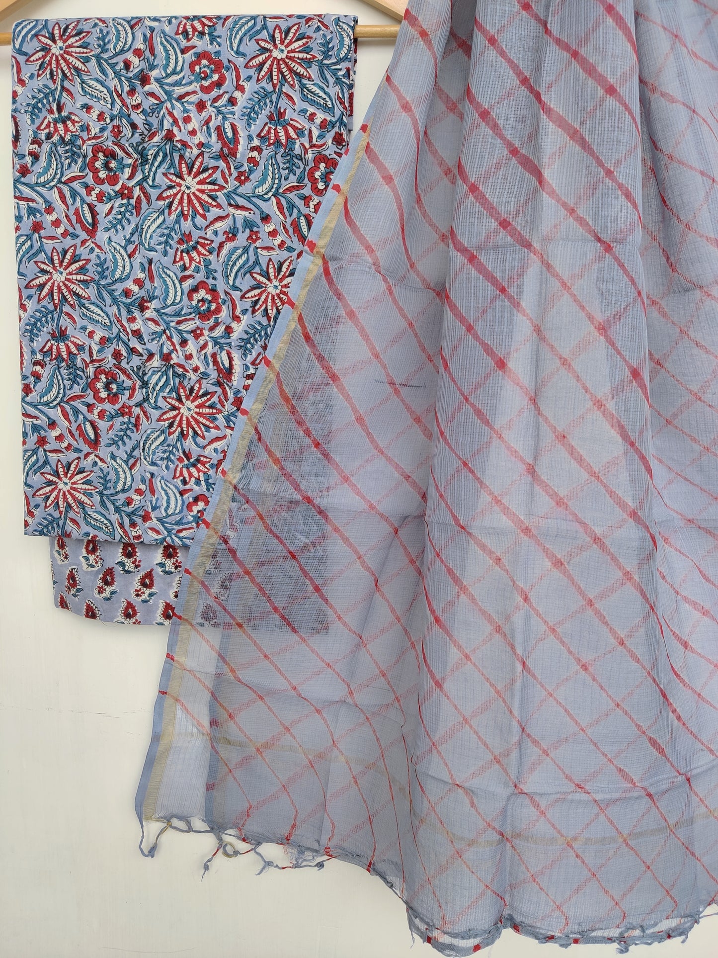 BLOCK PRINTED COTTON SUIT WITH LEHRIYA KOTA DORIA DUPATTA