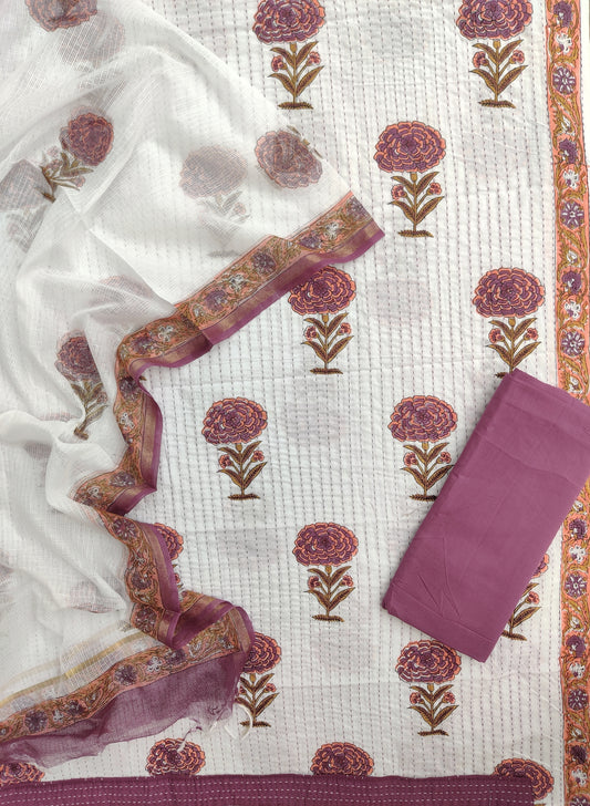 HAND BLOCK PRINTED KANTHA COTTON SUIT WITH KOTA DORIA DUPATTA
