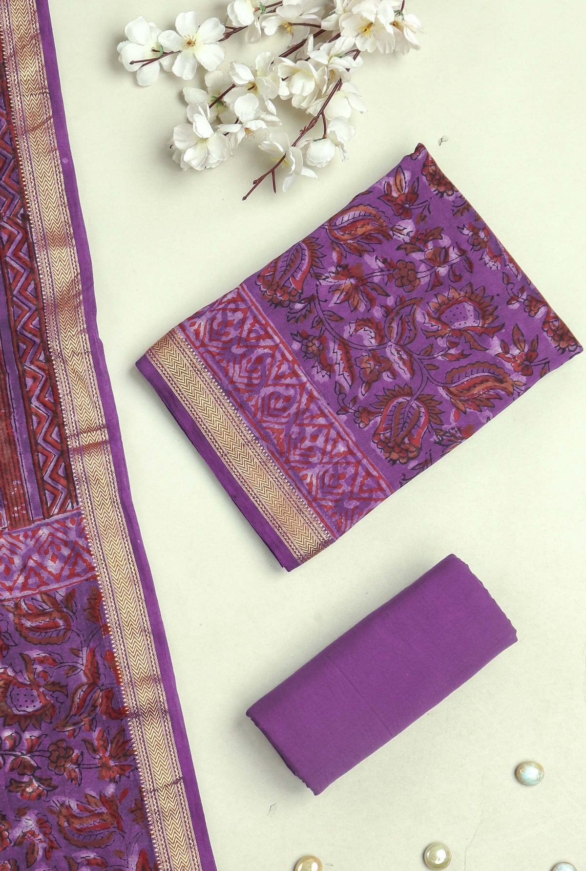 JAHOTA PRINTED MAHESHWARI SILK SUIT WITH MAHESHWARI SILK DUPATTA
