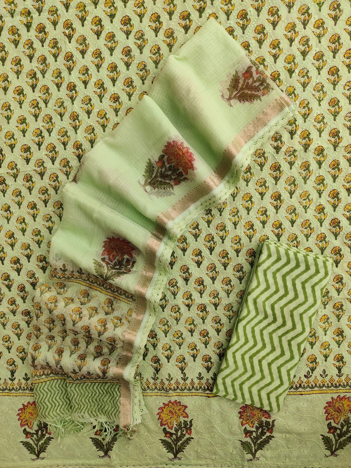 Hand Block Printed Cotton Schiffli Suit with Kota Doria Dupatta