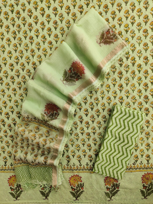 Hand Block Printed Cotton Schiffli Suit with Kota Doria Dupatta