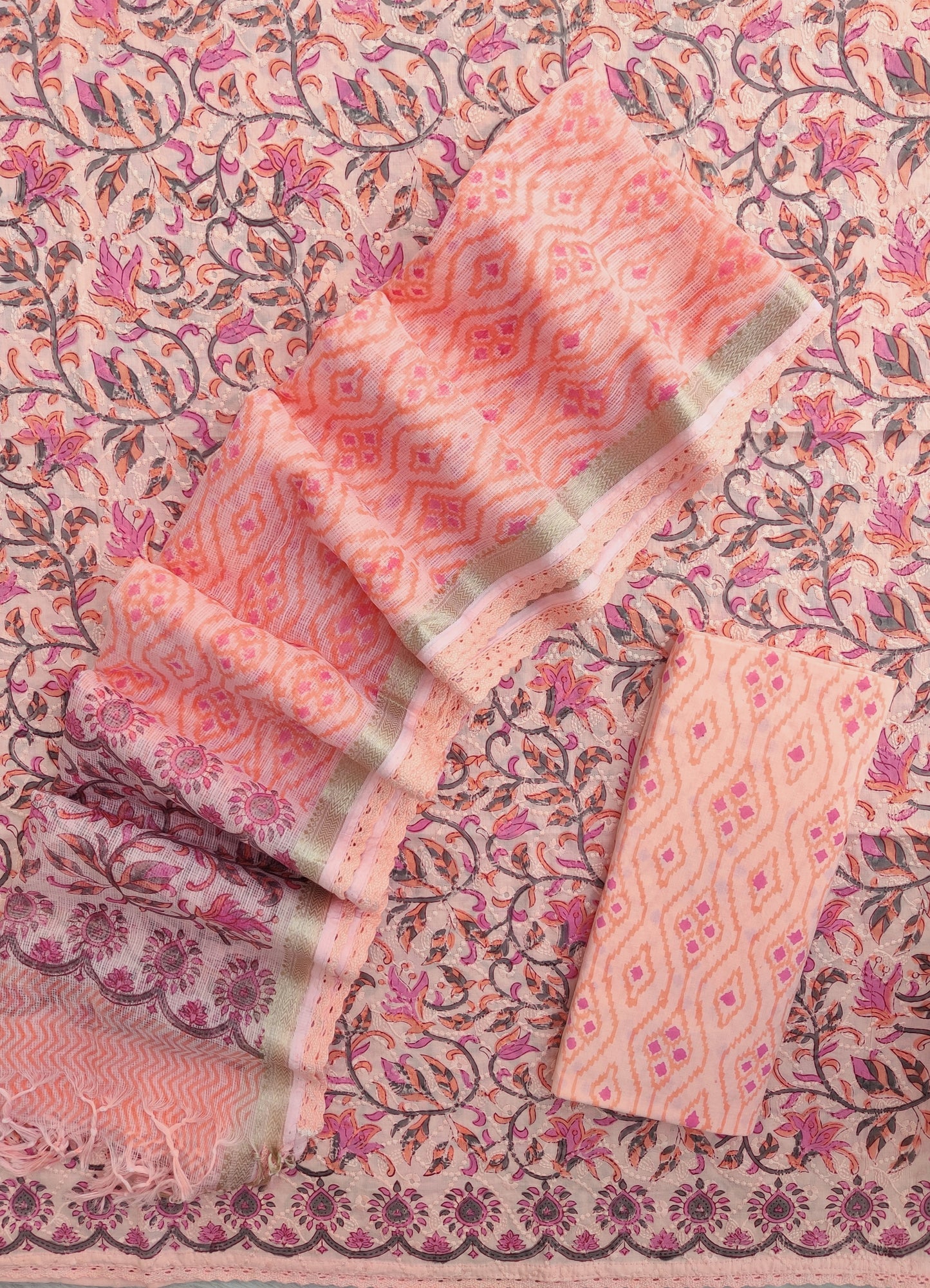 Hand Block Printed Cotton Schiffli Suit with Kota Doria Dupatta