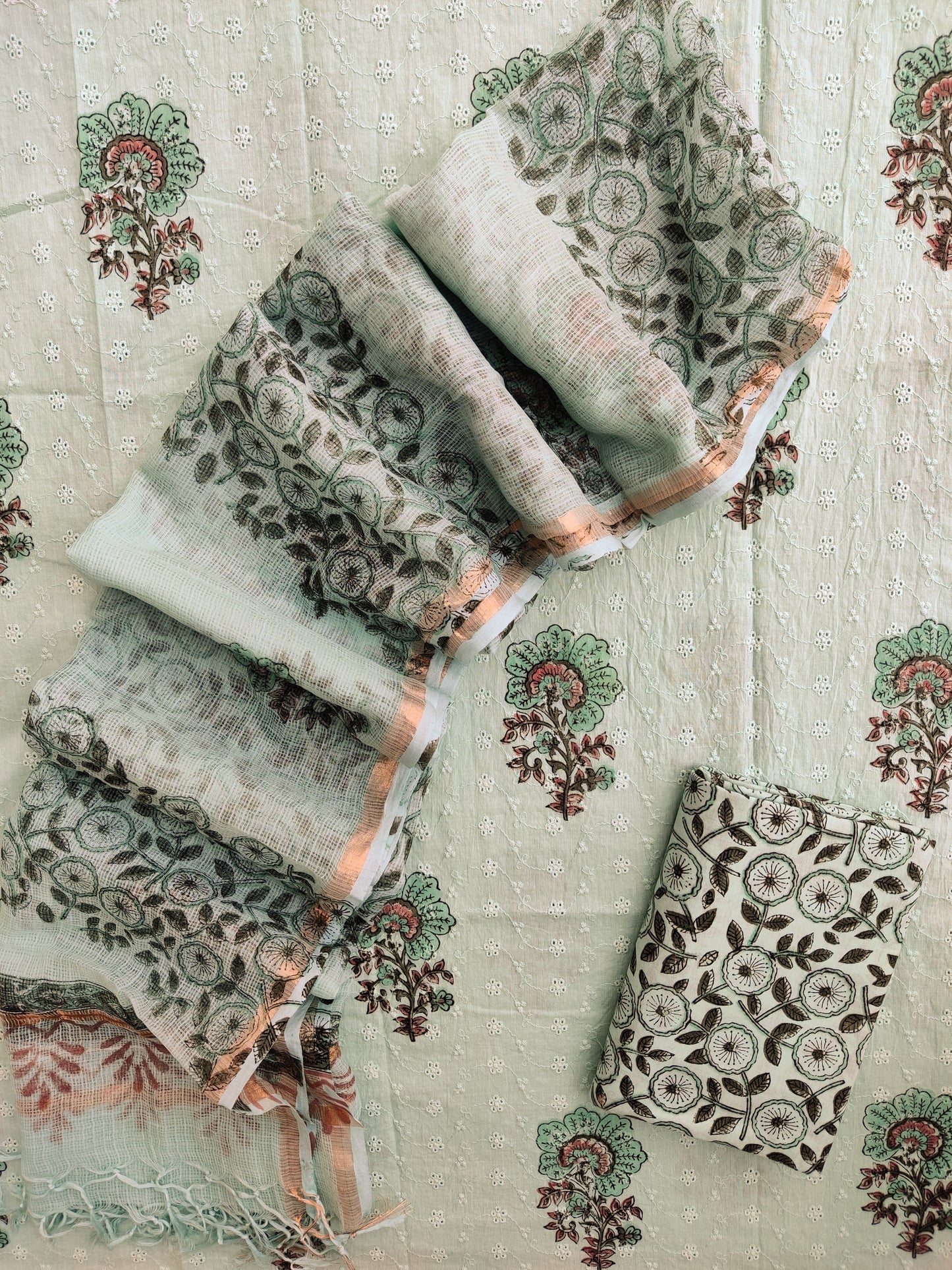 Hand Block Printed Cotton Schiffli Suit with Kota Doria Dupatta