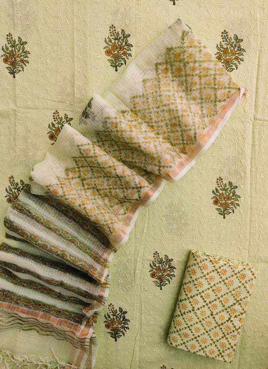 Hand Block Printed Cotton Schiffli Suit with Kota Doria Dupatta