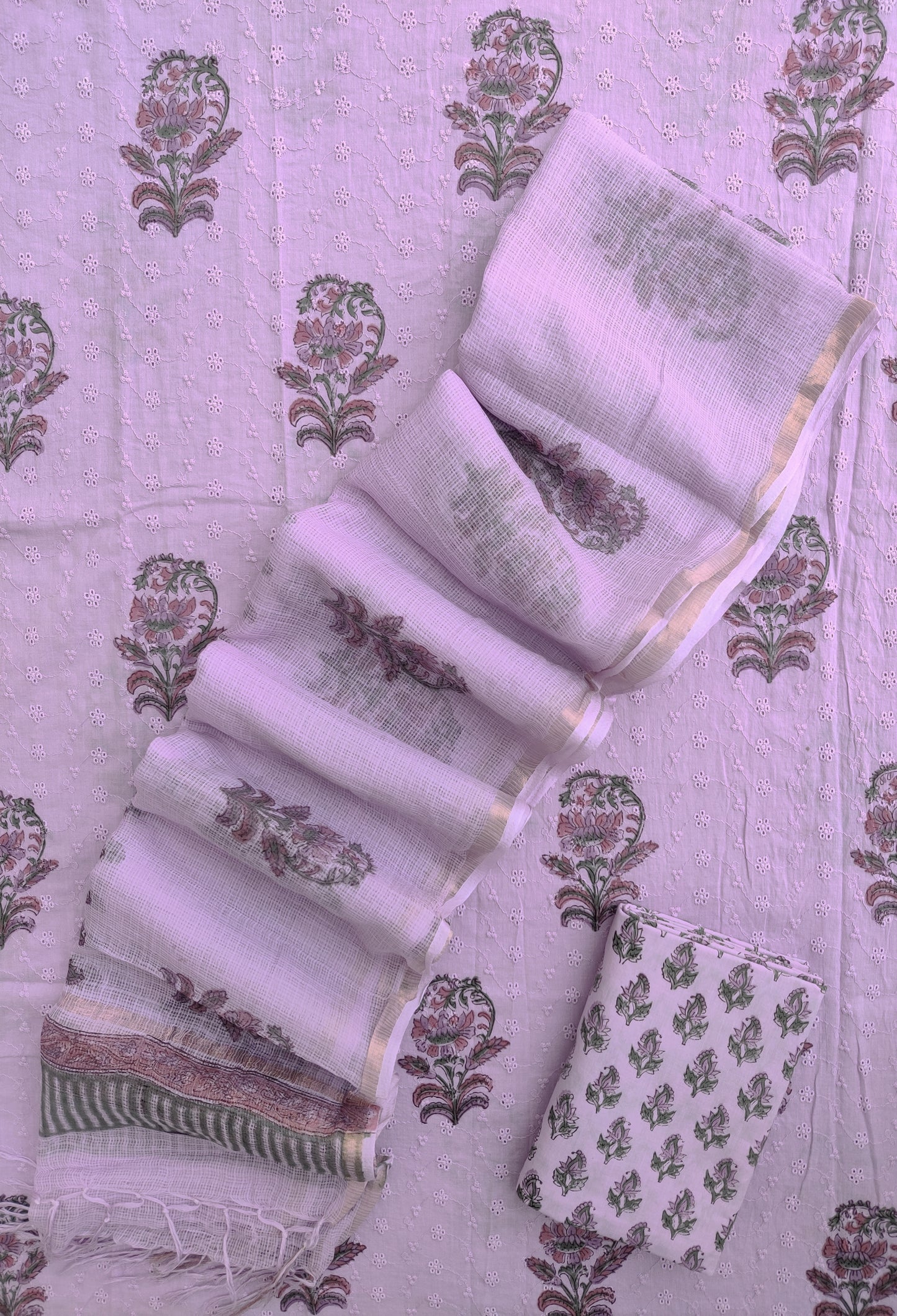 Hand Block Printed Cotton Schiffli Suit with Kota Doria Dupatta