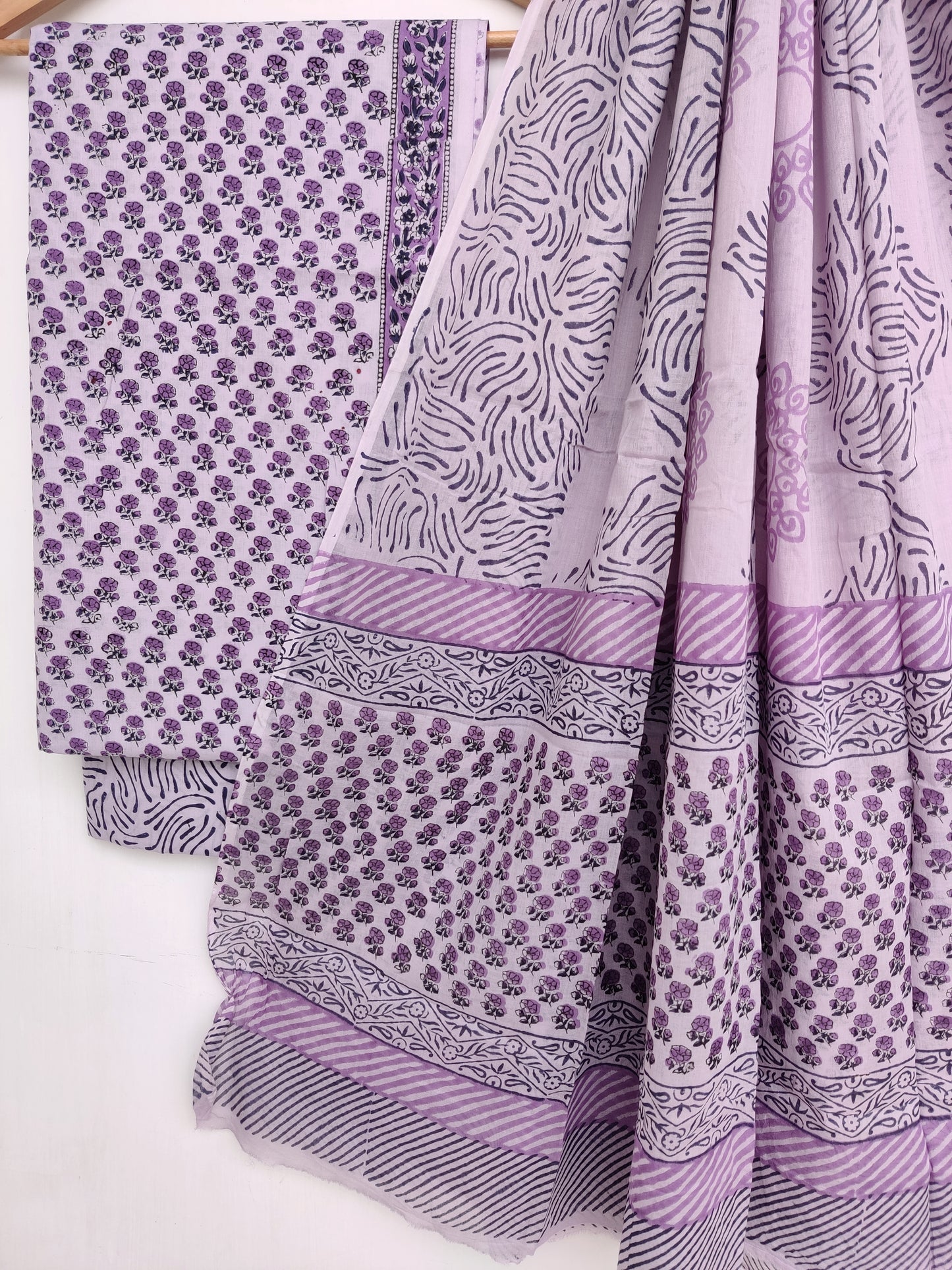 Hand Block Printed Cotton Suit With Mulmul Cotton Dupatta