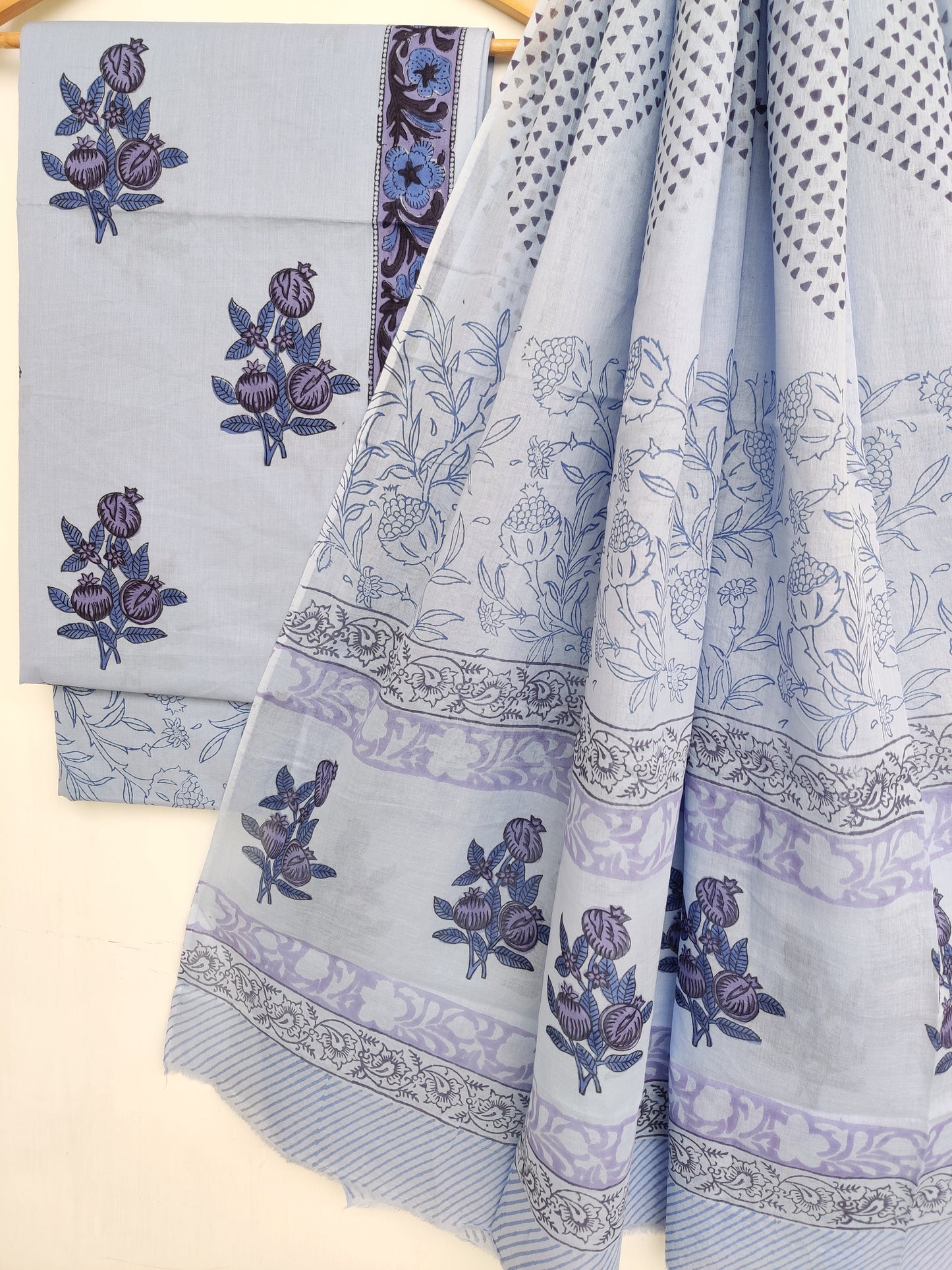 Hand Block Printed Cotton Suit With Mulmul Cotton Dupatta