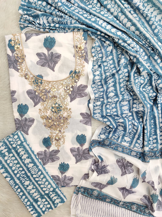 FLORAL PRINTED COTTON GOTA PATTI SUIT WITH COTTON DUPATTA