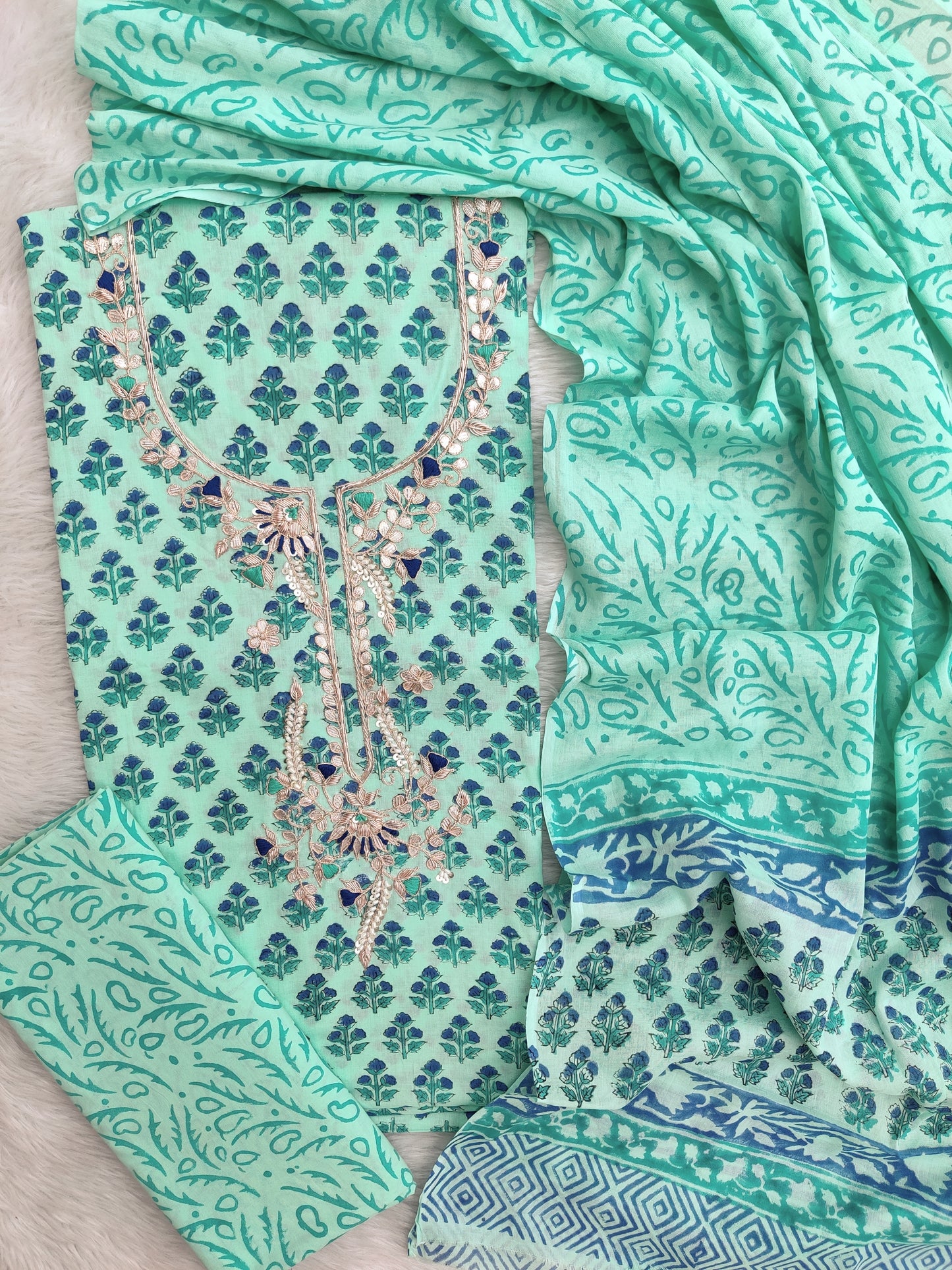 FLORAL PRINTED COTTON GOTA PATTI SUIT WITH COTTON DUPATTA