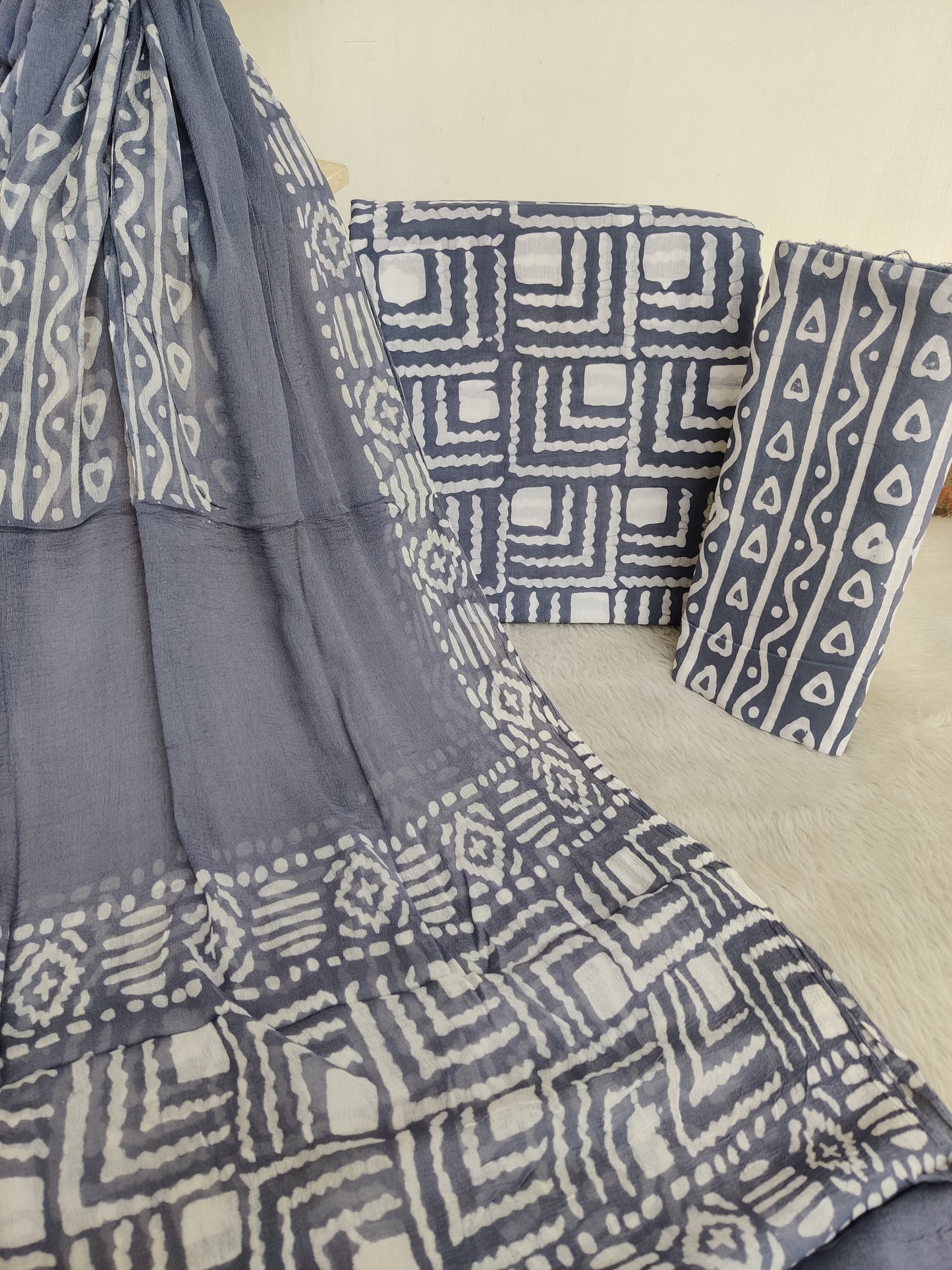 BATIK PRINTED COTTON SUIT WITH PURE CHIFFON DUPATTA