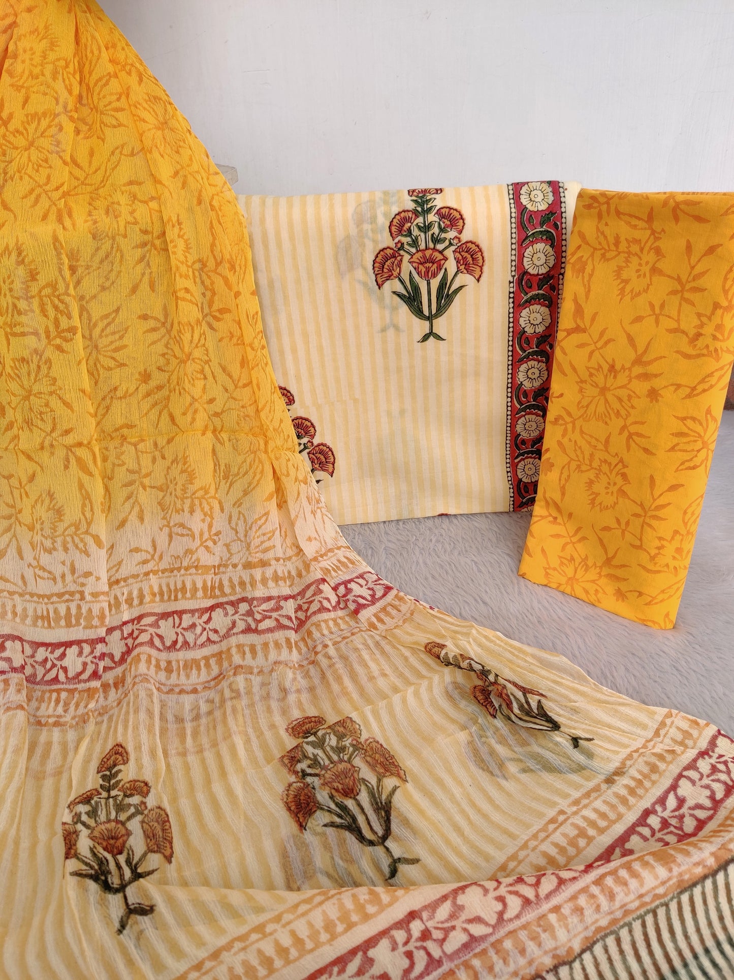 HAND BLOCK PRINTED COTTON SUIT WITH PURE CHIFFON DUPATTA