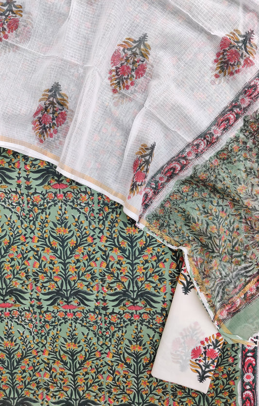 Hand Block Printed Cotton Suit with Cotton Kota Doria dupatta