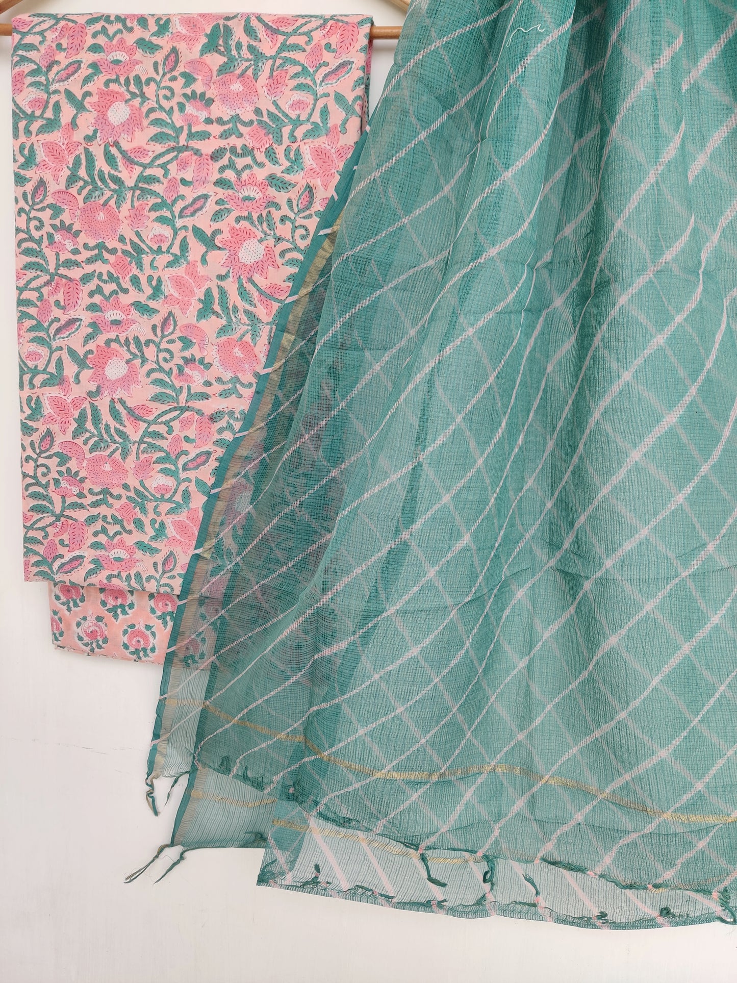 BLOCK PRINTED COTTON SUIT WITH LEHRIYA KOTA DORIA DUPATTA