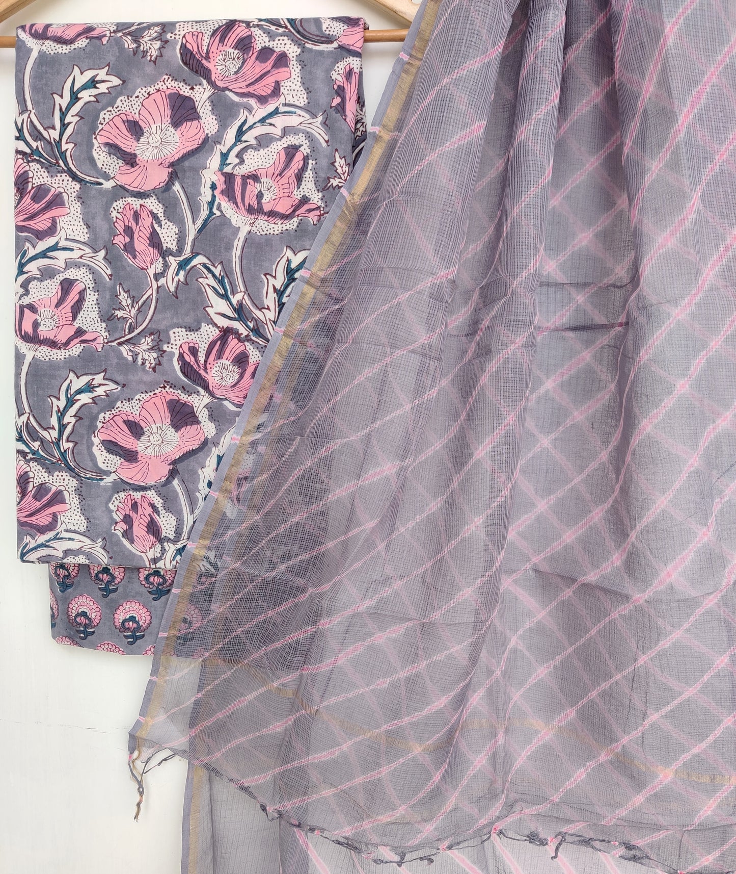 BLOCK PRINTED COTTON SUIT WITH LEHRIYA KOTA DORIA DUPATTA