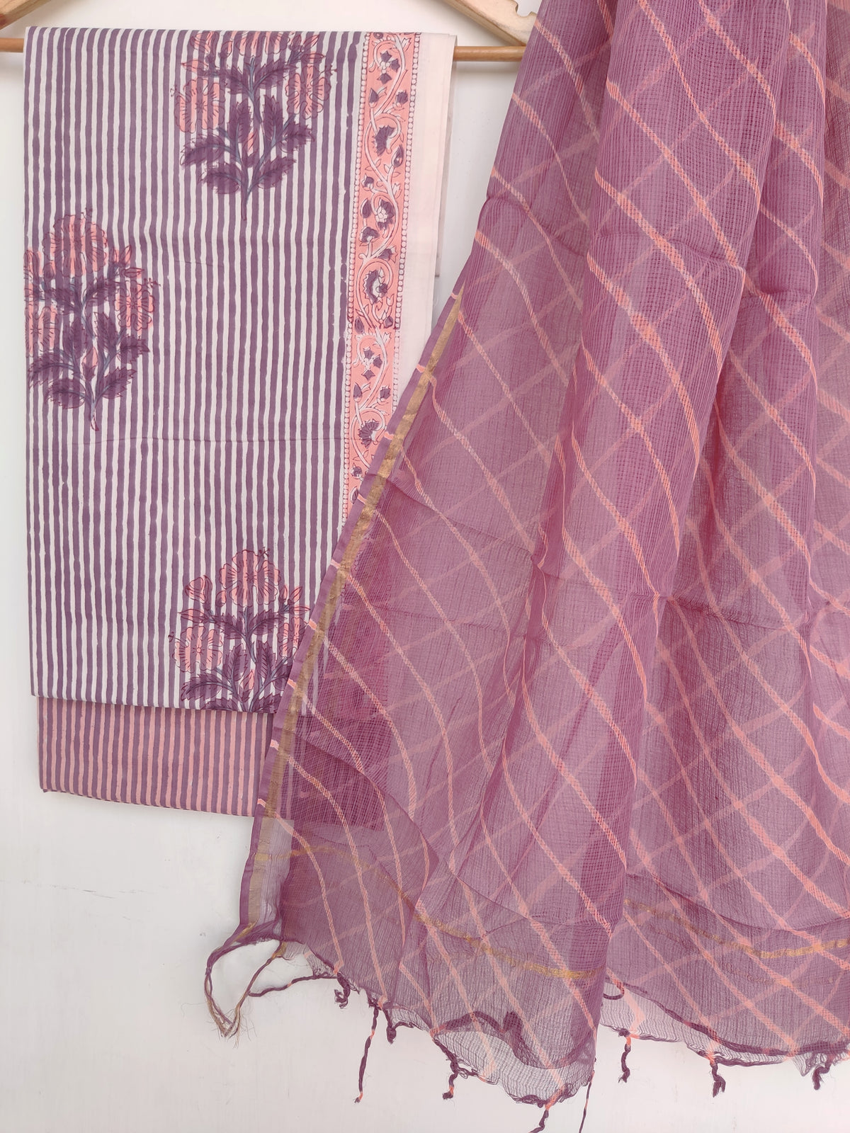 BLOCK PRINTED COTTON SUIT WITH LEHRIYA KOTA DORIA DUPATTA