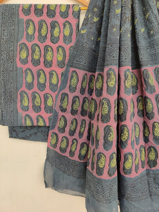 NASHPAL Hand Block Printed Cotton Suit With Mulmul Cotton Dupatta