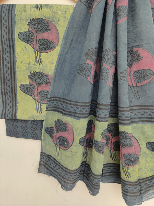 NASHPAL Hand Block Printed Cotton Suit With Mulmul Cotton Dupatta