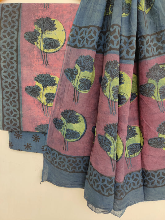 NASHPAL Hand Block Printed Cotton Suit With Mulmul Cotton Dupatta