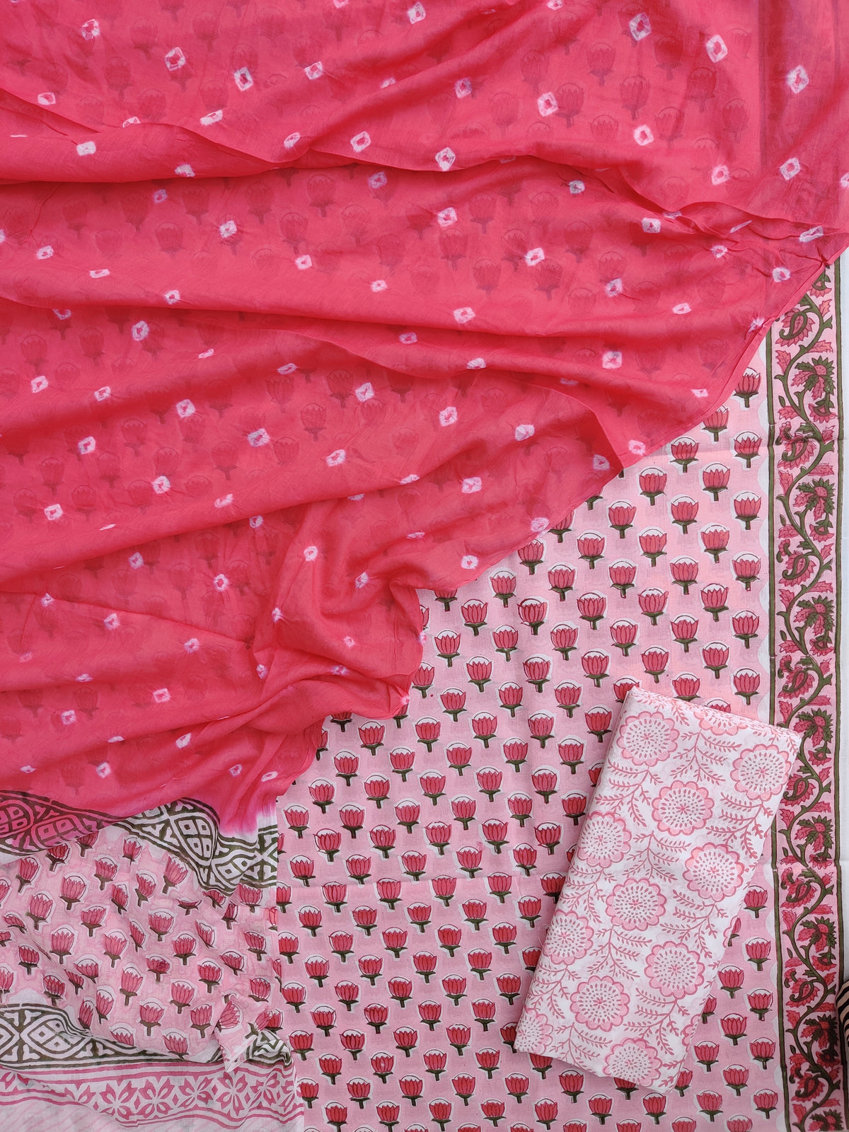 Hand Block Printed Cotton Suits with Mulmul Bandhej Dupatta