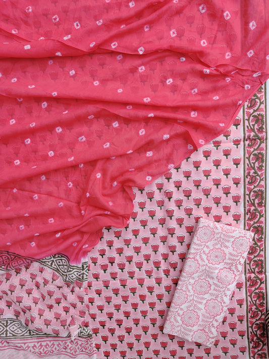 Hand Block Printed Cotton Suits with Mulmul Bandhej Dupatta