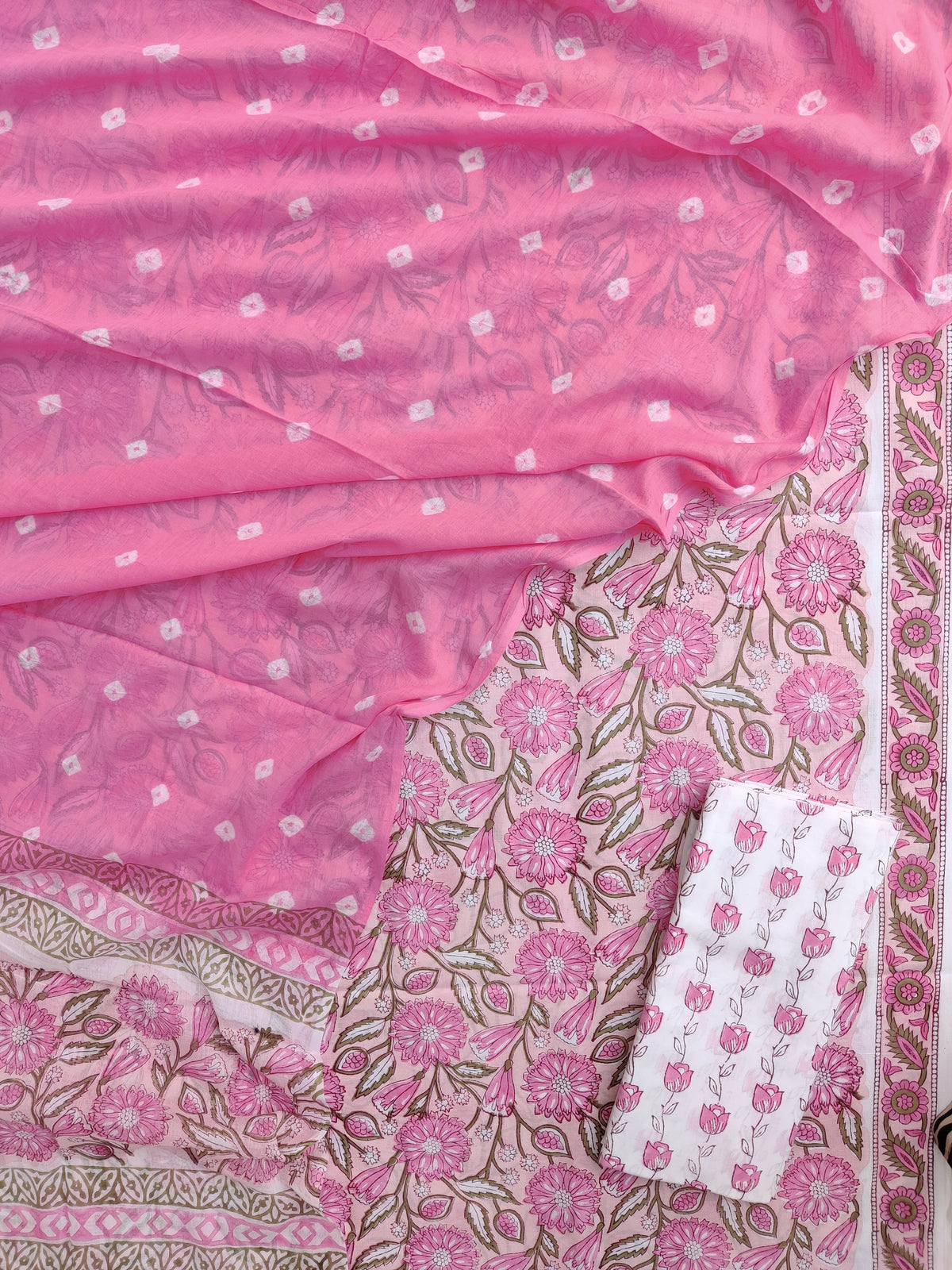 Hand Block Printed Cotton Suits with Mulmul Bandhej Dupatta