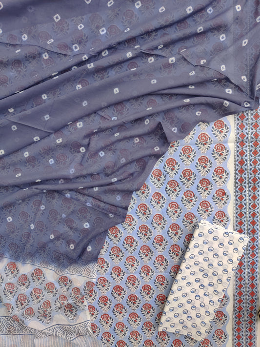 Hand Block Printed Cotton Suits with Mulmul Bandhej Dupatt