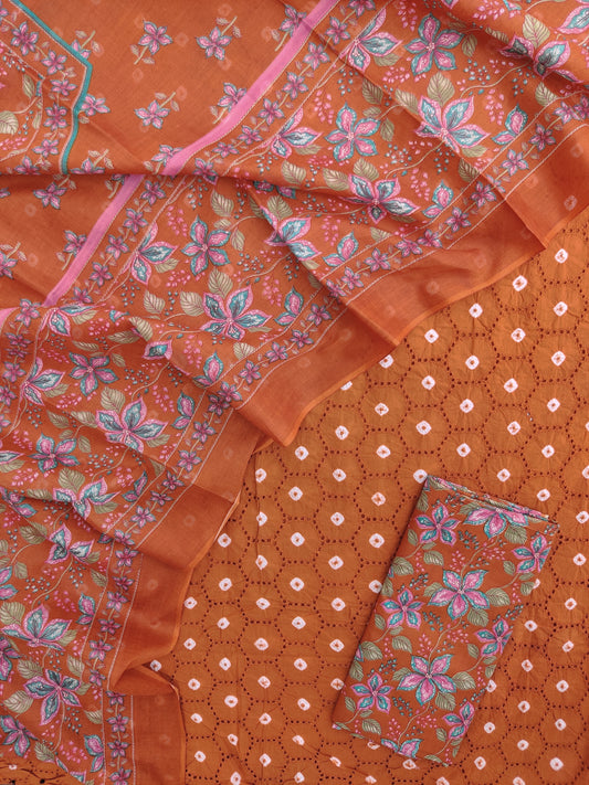 BANDHANI Schiffli Suit with Mulmul Dupatta