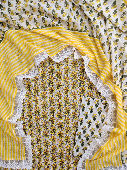 Hand Block Printed Cotton Suit With Lace Work Mulmul Dupatta