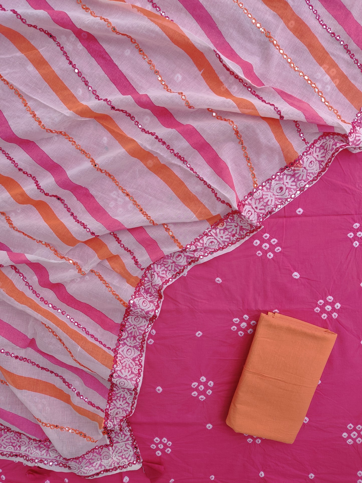 BANDHEJ Cotton Suit With LEHRIYA Mulmul Dupatta