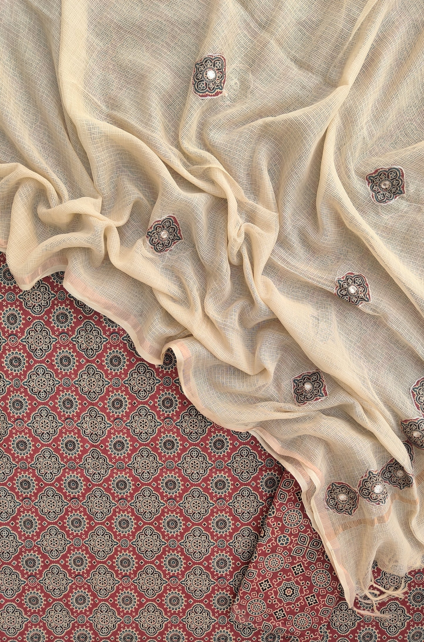 AJRAKH Printed Cotton Suit with Applique Work Kota Doria Dupatta