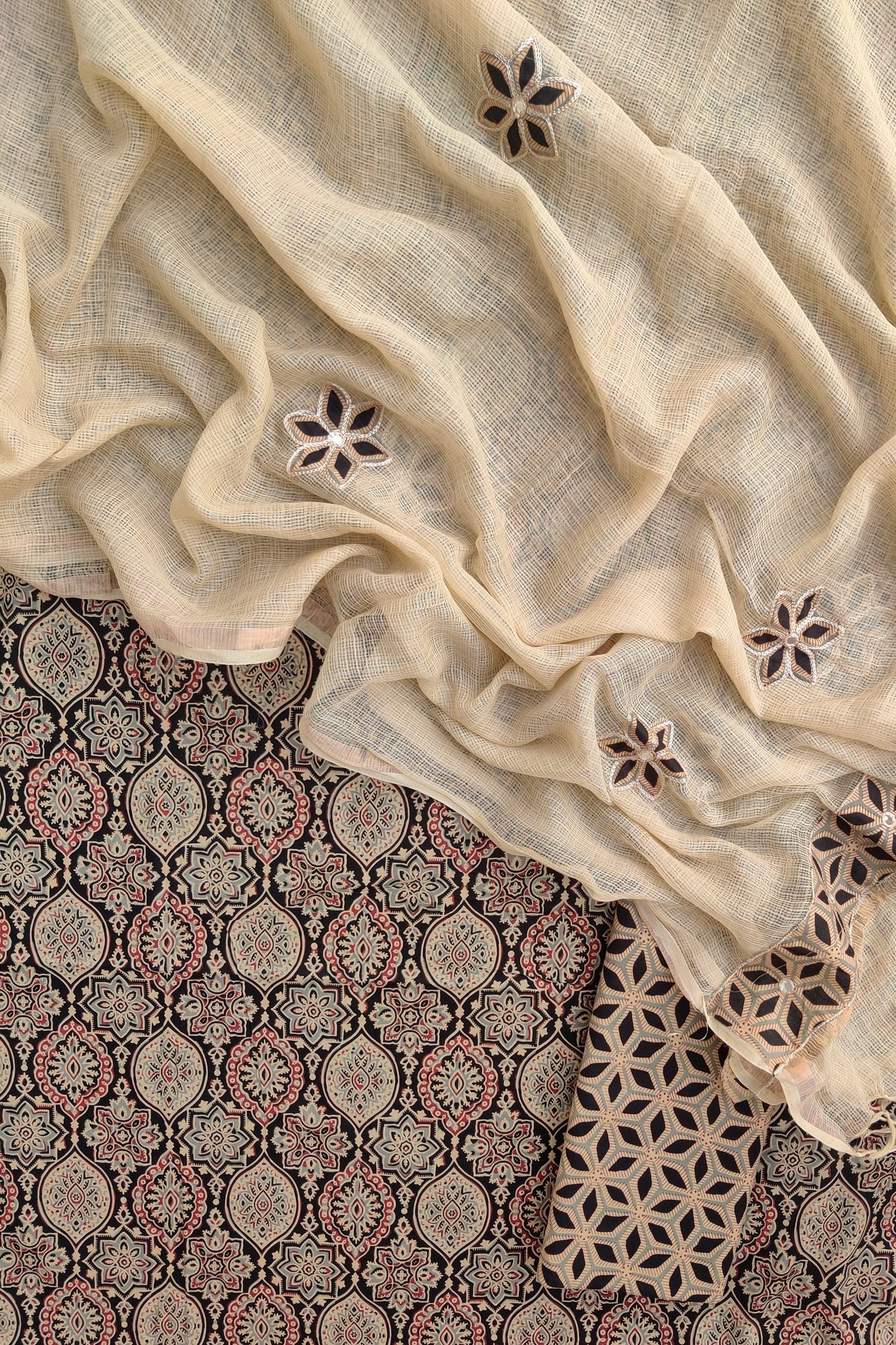AJRAKH Printed Cotton Suit with Applique Work Kota Doria Dupatta