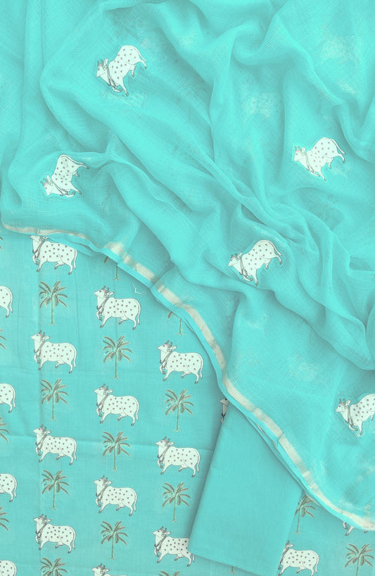 PICHWAI Printed Cotton Suit with Applique Work Kota Doria Dupatta