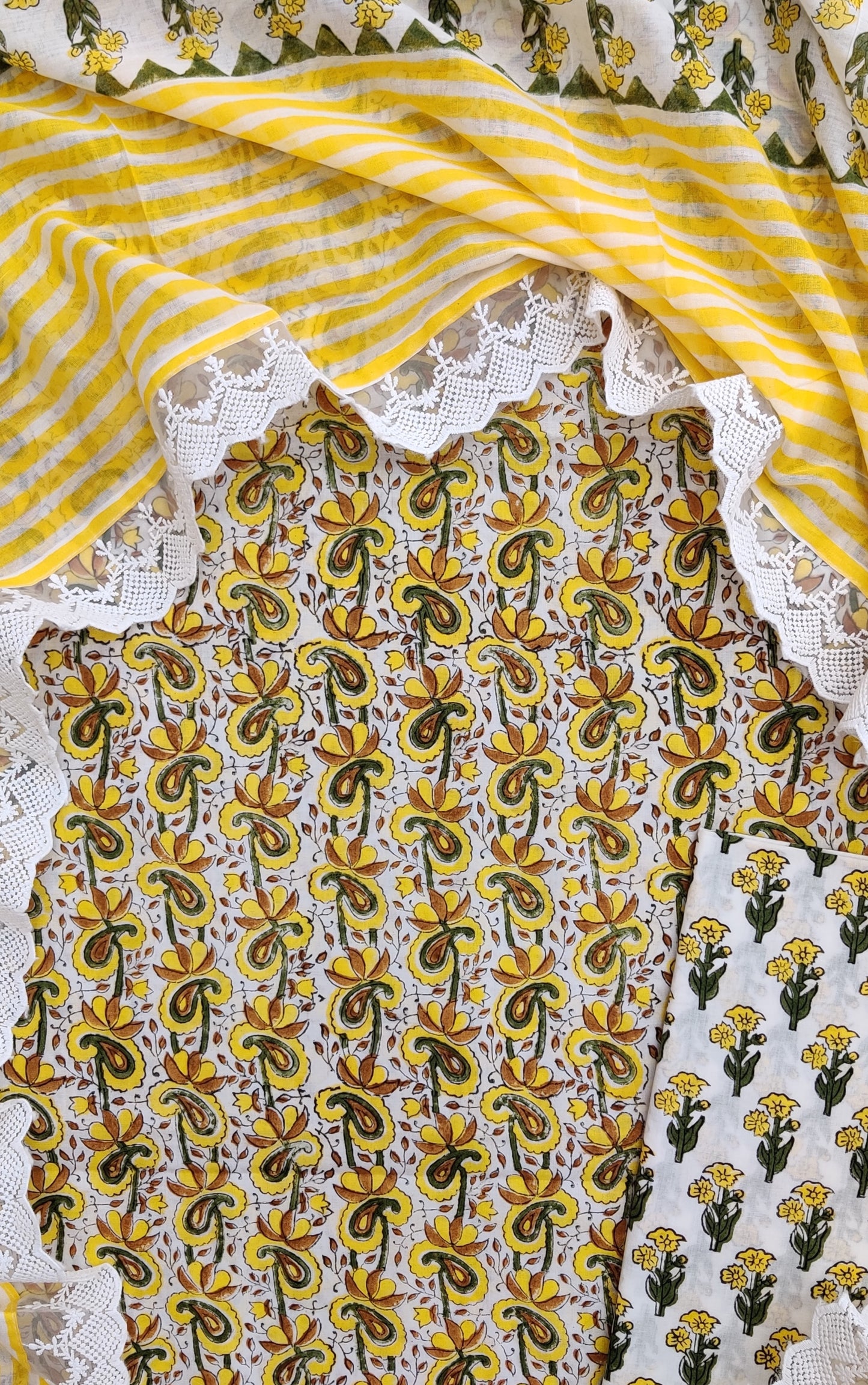Hand Block Printed Cotton Suit With Lace Work Mulmul Dupatta