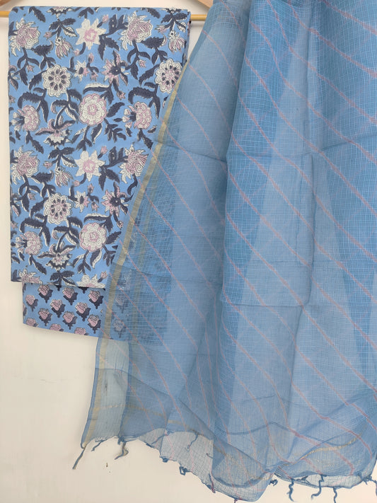 BLOCK PRINTED COTTON SUIT WITH LEHRIYA KOTA DORIA DUPATTA