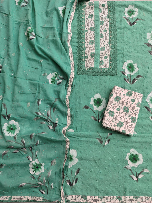 Exclusive Unstitched HAND PAINTED Cotton Suit with HAND PAINTED Mulmul Embroidery Dupatta