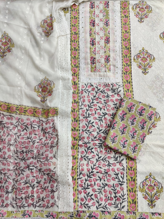 Exclusive Unstitched Cotton Suit with Mulmul Embroidery Dupatta