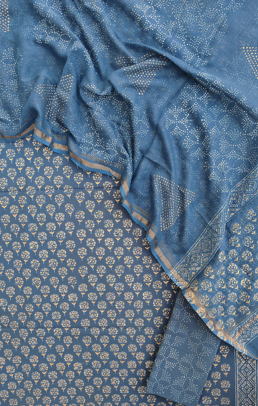 KHADI GOLD Hand Block Printed Cotton Suit with Cotton Kota Doria dupatta