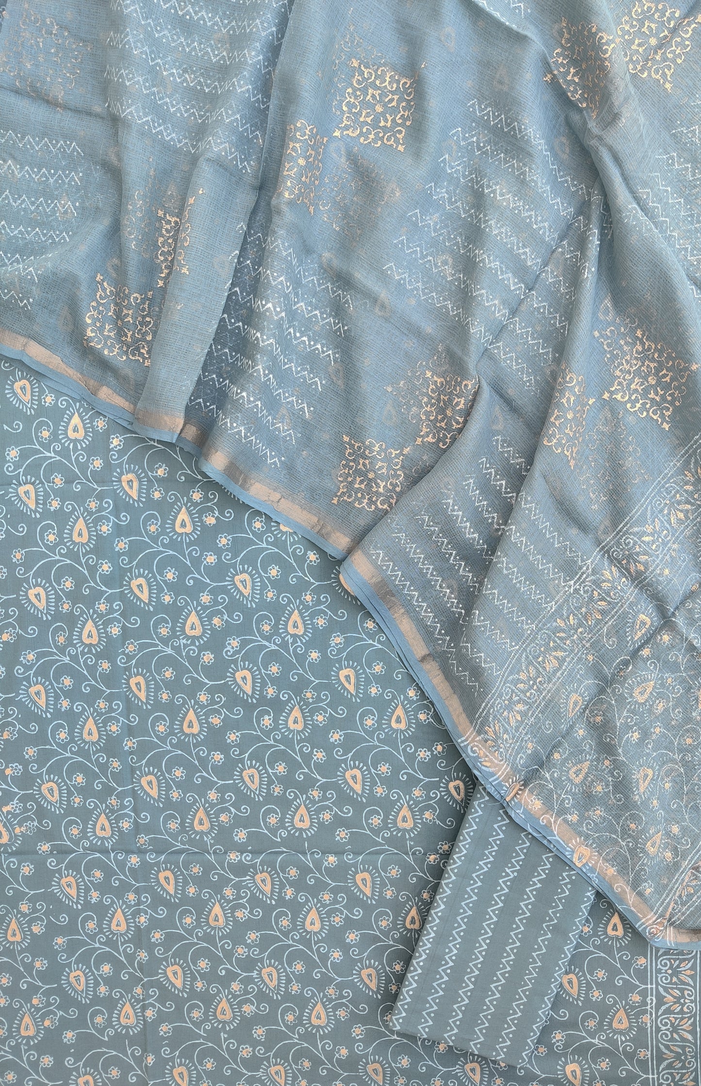 KHADI GOLD Hand Block Printed Cotton Suit with Cotton Kota Doria dupatta