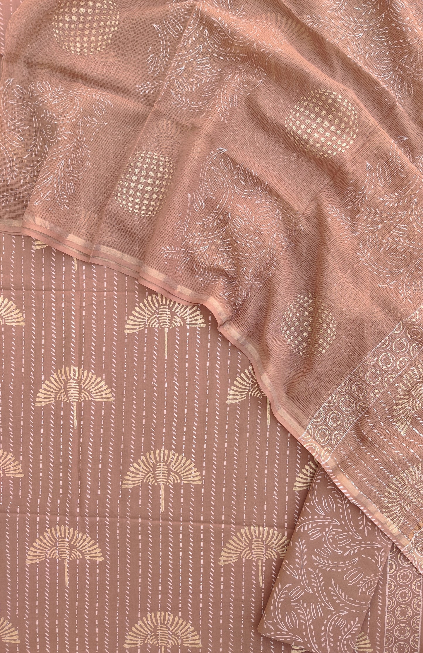 KHADI GOLD Hand Block Printed Cotton Suit with Cotton Kota Doria dupatta